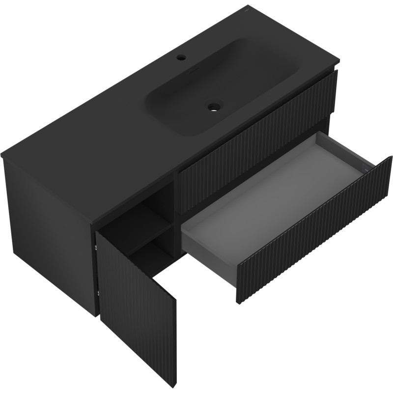 Mexen Rivel meuble de salle de bain 120 cm avec lavabo Vela à droite, 2S, 1D, rainuré, noir mat - 91A23-12047-3-BBFFF71-W23P71