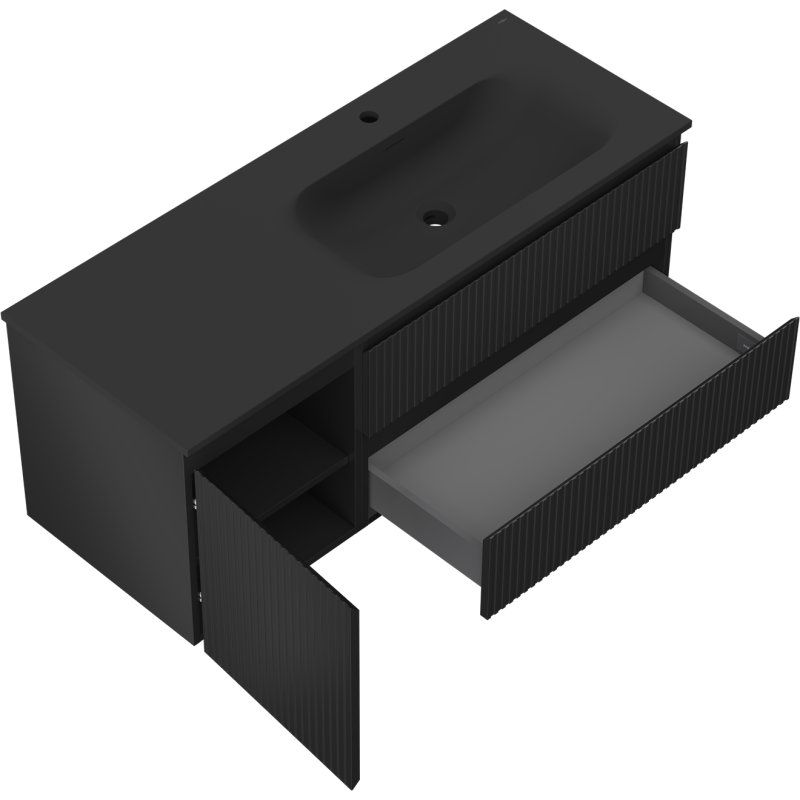 Mexen Rivel meuble de salle de bain 120 cm avec lavabo Vela droit, 2S, 1D, rainuré, noir mat - 91A23-12047-3-BBFFF71-W23P71