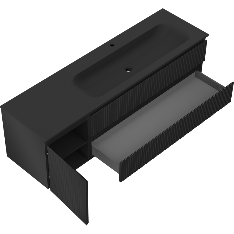 Mexen Rivel meuble de salle de bain 160 cm avec lavabo Vela droit, 2S, 1D, cannelé, noir mat - 91A23-16047-3-BBFFF71-W23P71