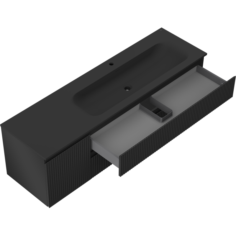 Mexen Rivel meuble de salle de bain 160 cm avec lavabo Vela droit, 2S, 1D, cannelé, noir mat - 91A23-16047-3-BBFFF71-W23P71