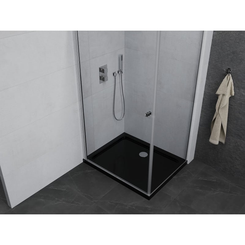 Mexen Pretoria cabine de douche battante 70 x 90 cm, transparent, chromé + receveur Flat, noir - 852-070-090-01-00-4070