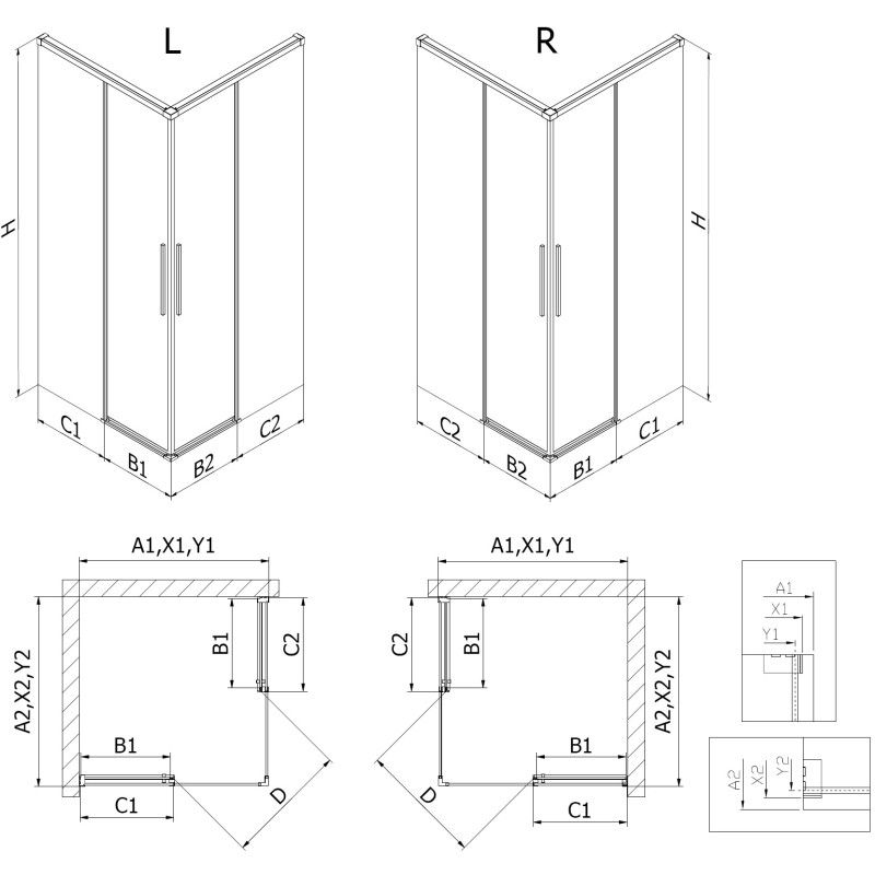 Mexen Rox Duo cabine de douche coulissante 90 x 85 cm, transparent, or brossé - 8C2D-090-085-55-00
