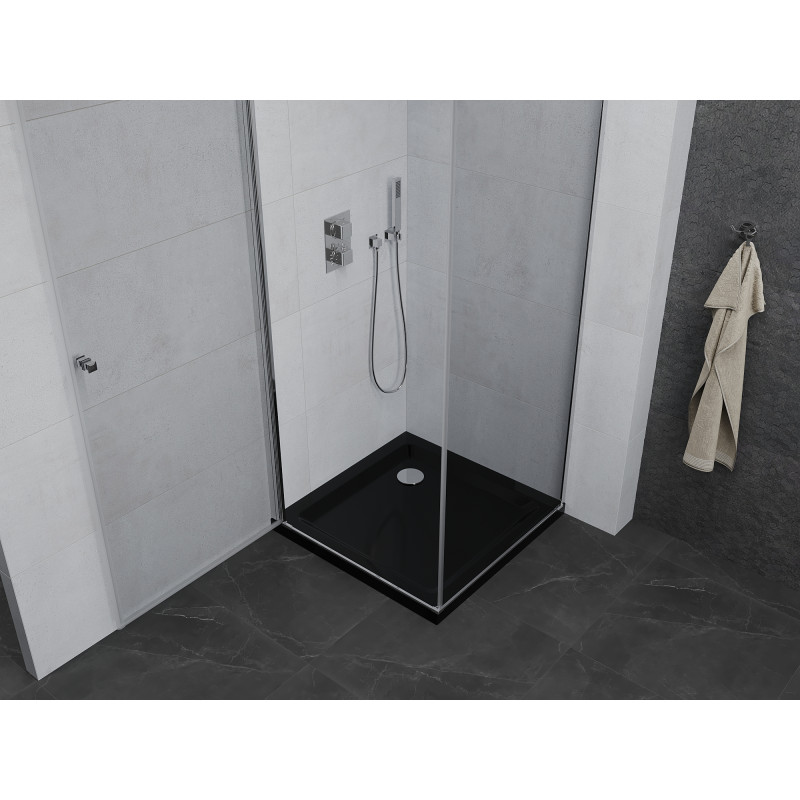 Mexen Pretoria cabine de douche pivotante 80 x 80 cm, transparente, chrome + receveur Flat, noir - 852-080-080-01-00-4070