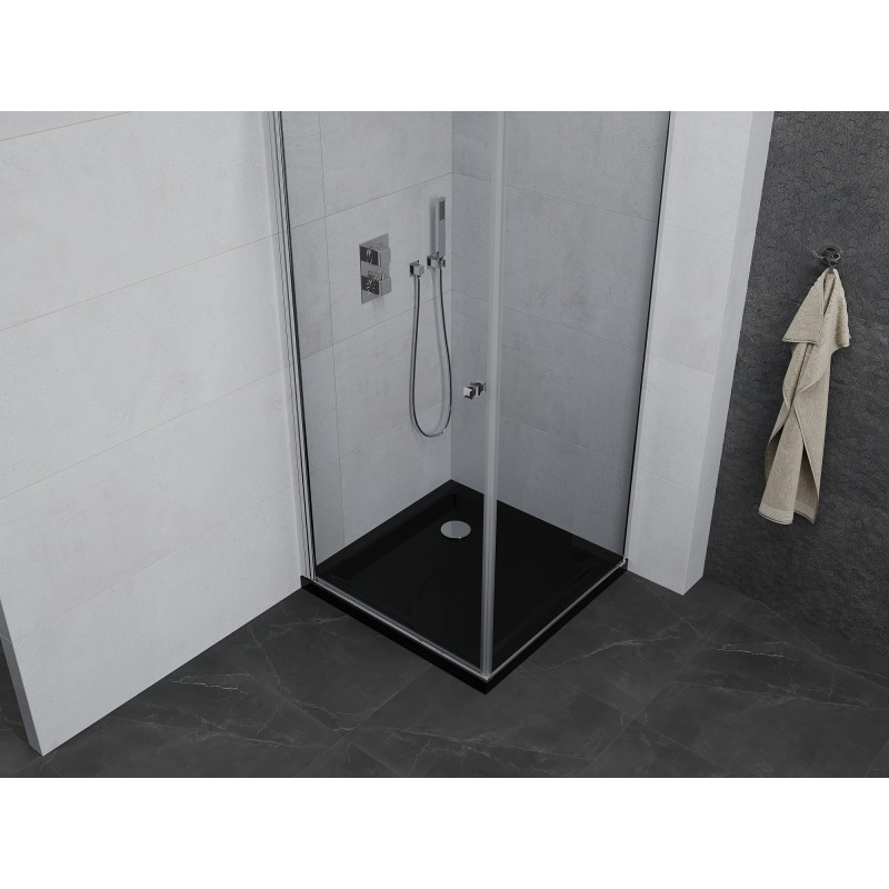 Mexen Pretoria cabine de douche battante 90 x 90 cm, transparent, chrome + receveur Flat, noir - 852-090-090-01-00-4070