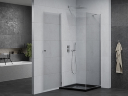 Mexen Pretoria cabine de douche battante 90 x 90 cm, transparent, chrome + receveur Flat, noir - 852-090-090-01-00-4070