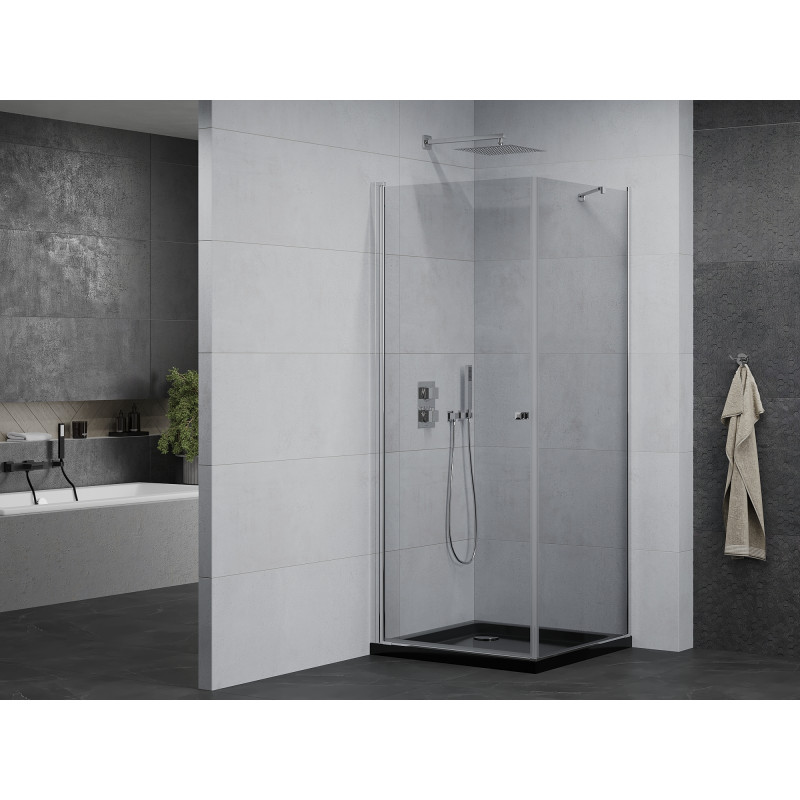 Mexen Pretoria cabine de douche pivotante 90 x 90 cm, transparent, chrome + receveur Flat, noir - 852-090-090-01-00-4070