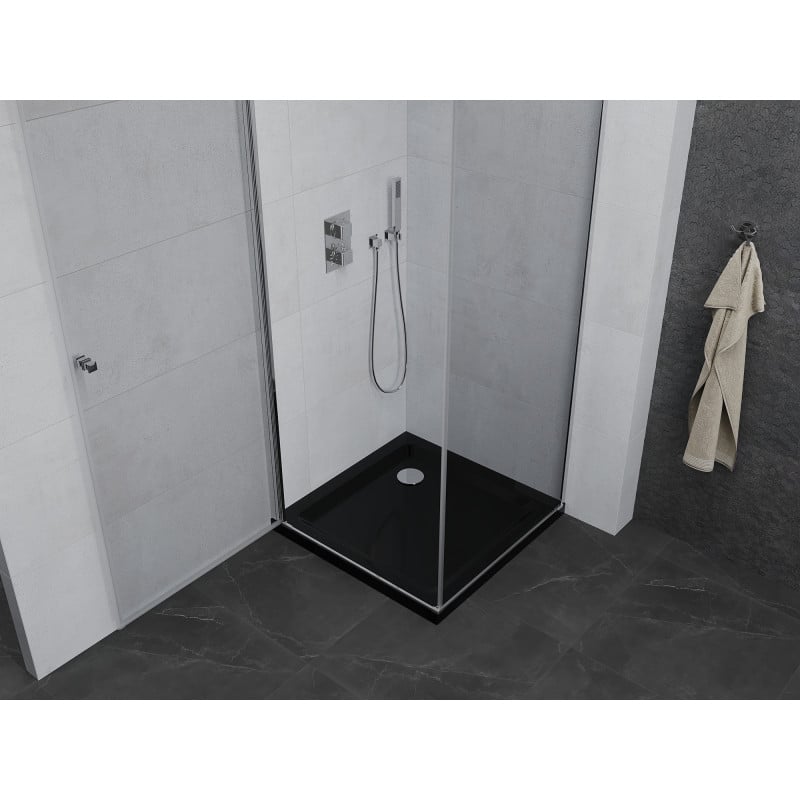 Mexen Pretoria cabine de douche pivotante 90 x 90 cm, transparent, chrome + receveur Flat, noir - 852-090-090-01-00-4070