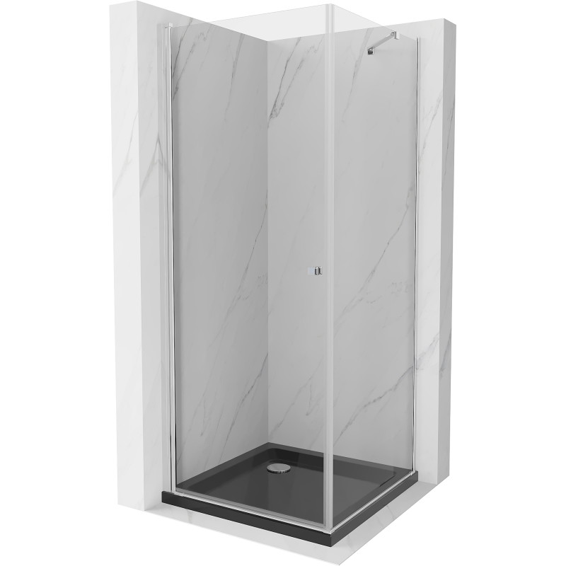 Mexen Pretoria cabine de douche battante 90 x 90 cm, transparent, chrome + receveur Flat, noir - 852-090-090-01-00-4070