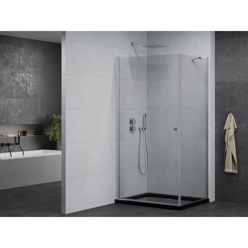Mexen Pretoria cabine de douche pivotante 90 x 110 cm, transparent, chrome + receveur Flat, noir - 852-090-110-01-00-4070