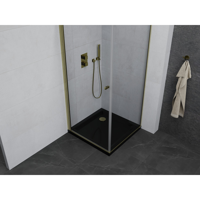 Mexen Pretoria cabine de douche pivotante 70 x 70 cm, transparent, doré + receveur plat, noir - 852-070-070-50-00-4070G
