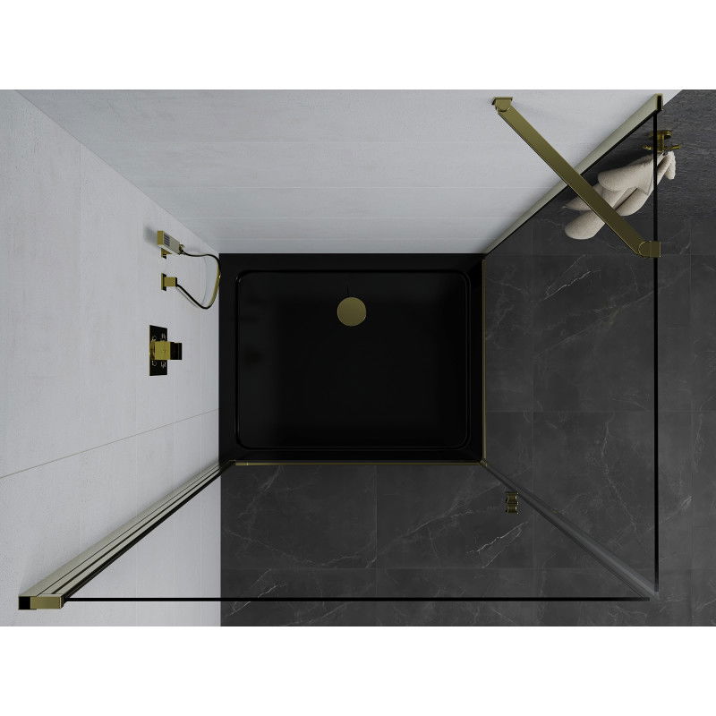 Mexen Pretoria cabine de douche battante 80 x 70 cm, transparent, or + receveur Flat, noir - 852-080-070-50-00-4070G