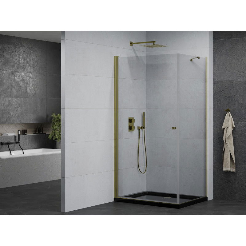 Mexen Pretoria cabine de douche battante 80 x 70 cm, transparent, or + receveur Flat, noir - 852-080-070-50-00-4070G