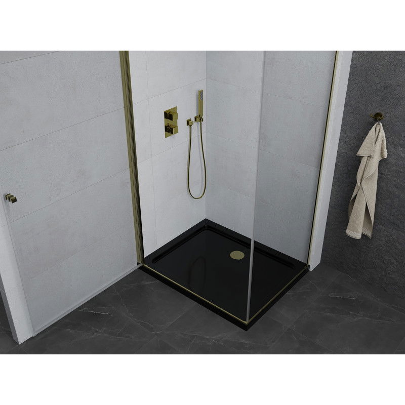 Mexen Pretoria cabine de douche battante 80 x 70 cm, transparent, or + receveur Flat, noir - 852-080-070-50-00-4070G