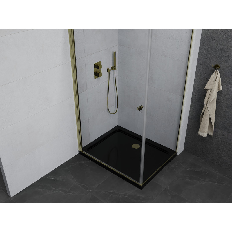 Mexen Pretoria cabine de douche battante 80 x 90 cm, transparente, dorée + receveur Flat, noir - 852-080-090-50-00-4070G