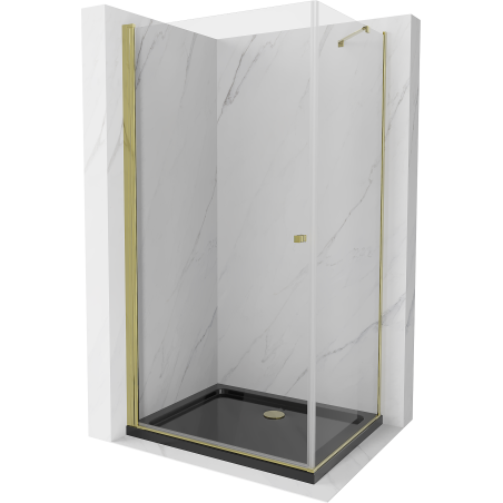 Mexen Pretoria cabine de douche battante 80 x 90 cm, transparente, dorée + receveur Flat, noir - 852-080-090-50-00-4070G