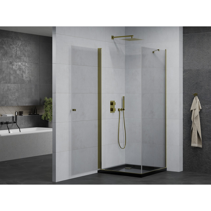 Mexen Pretoria cabine de douche pivotante 80 x 80 cm, transparent, or + receveur Flat, noir - 852-080-080-50-00-4070G