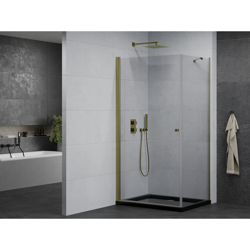 Mexen Pretoria cabine de douche à battant 90 x 70 cm, transparent, or + receveur de douche Flat, noir - 852-090-070-50-00-4070G