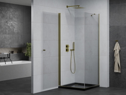 Mexen Pretoria cabine de douche pivotante 90 x 90 cm, transparent, or + receveur Flat, noir - 852-090-090-50-00-4070G