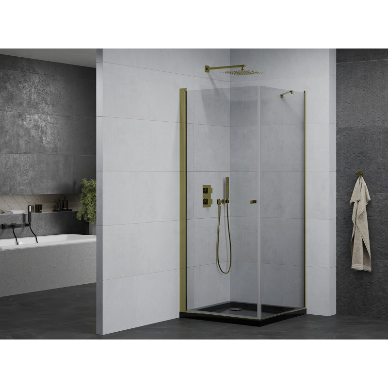 Mexen Pretoria cabine de douche pivotante 90 x 90 cm, transparent, or + receveur Flat, noir - 852-090-090-50-00-4070G