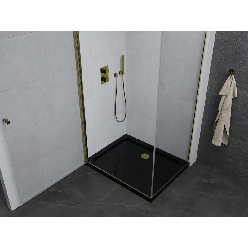 Mexen Pretoria cabine de douche pivotante 90 x 100 cm, transparent, dorée + receveur Flat, noir - 852-090-100-50-00-4070G