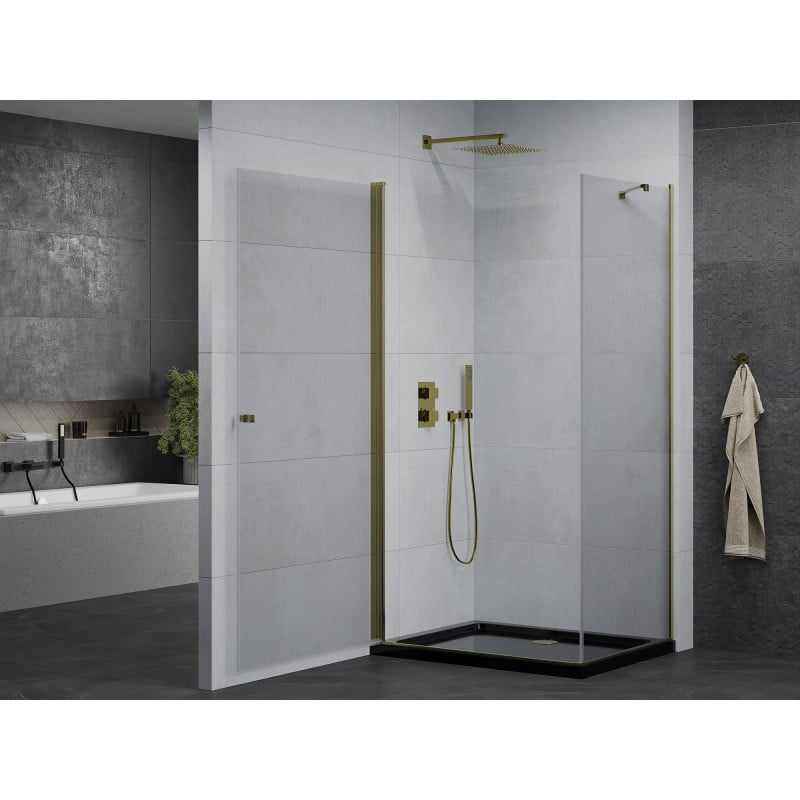 Mexen Pretoria cabine de douche pivotante 100 x 80 cm, transparent, doré + receveur Flat, noir - 852-100-080-50-00-4070G