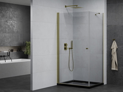 Cabine de douche pivotante Mexen Pretoria 100 x 90 cm, transparente, or + receveur Flat, noir - 852-100-090-50-00-4070G