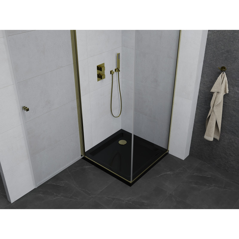 Mexen Pretoria cabine de douche pivotante 100 x 100 cm, transparent, or + receveur Flat, noir - 852-100-100-50-00-4070G