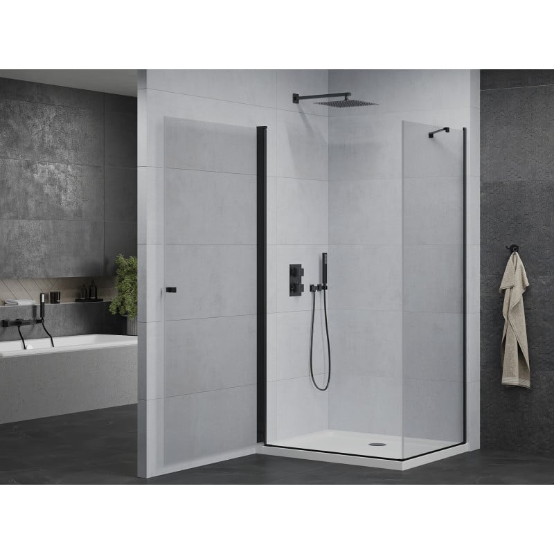 Mexen Pretoria cabine de douche battante 80 x 90 cm, transparent, noir + receveur Flat - 852-080-090-70-00-4010B