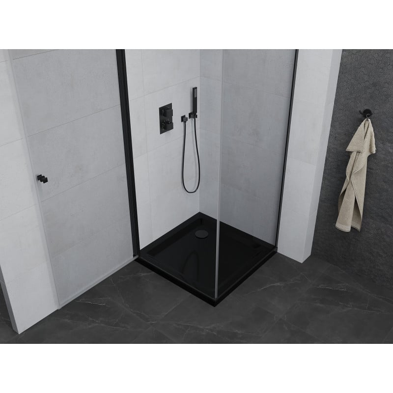 Mexen Pretoria cabine de douche pivotante 70 x 70 cm, transparent, noir + receveur Flat, noir - 852-070-070-70-00-4070B