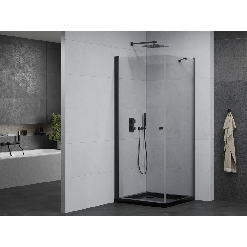 Mexen Pretoria cabine de douche battante 90 x 90 cm, transparent, noire + receveur Flat, noir - 852-090-090-70-00-4070B