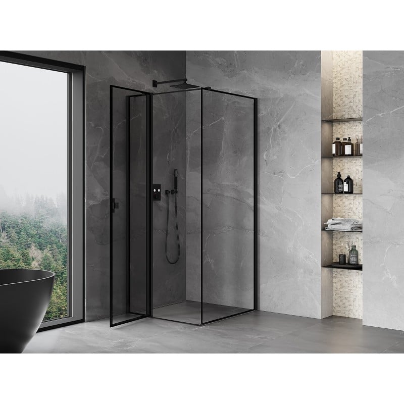 Mexen Mist T cabine de douche pivotante gauche 80 x 80 cm, cadre noir, noir - 8A4T-080-080-70-70-L