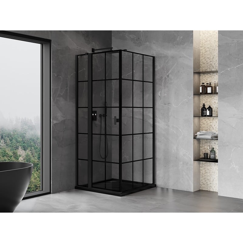 Mexen Mist T cabine de douche pivotante gauche 80 x 80 cm, grille noire, noir - 8A4T-080-080-70-77-L