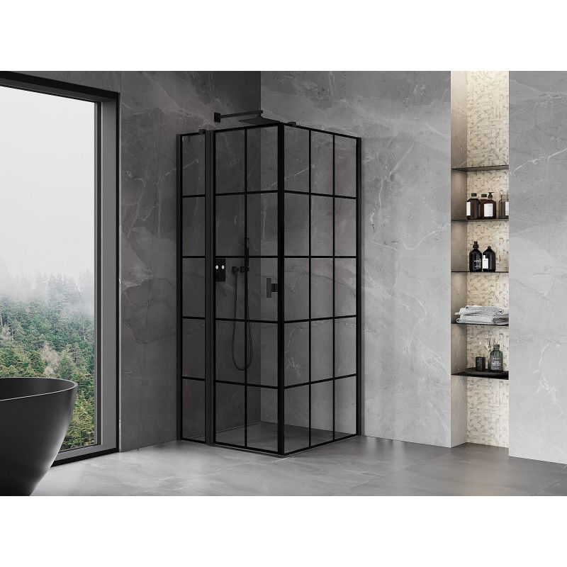 Mexen Mist T cabine de douche pivotante gauche 85 x 85 cm, grille noire, noire - 8A4T-085-085-70-77-L