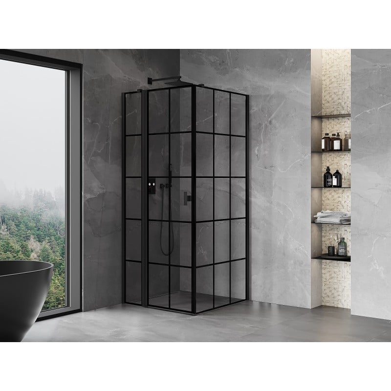 Mexen Mist T cabine de douche pivotante gauche 95 x 95 cm, grille noire, noir - 8A4T-095-095-70-77-L
