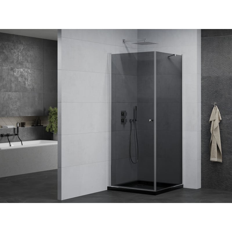 Mexen Pretoria cabine de douche pivotante 90 x 90 cm, graphite, chrome + receveur Flat, noir - 852-090-090-01-40-4070