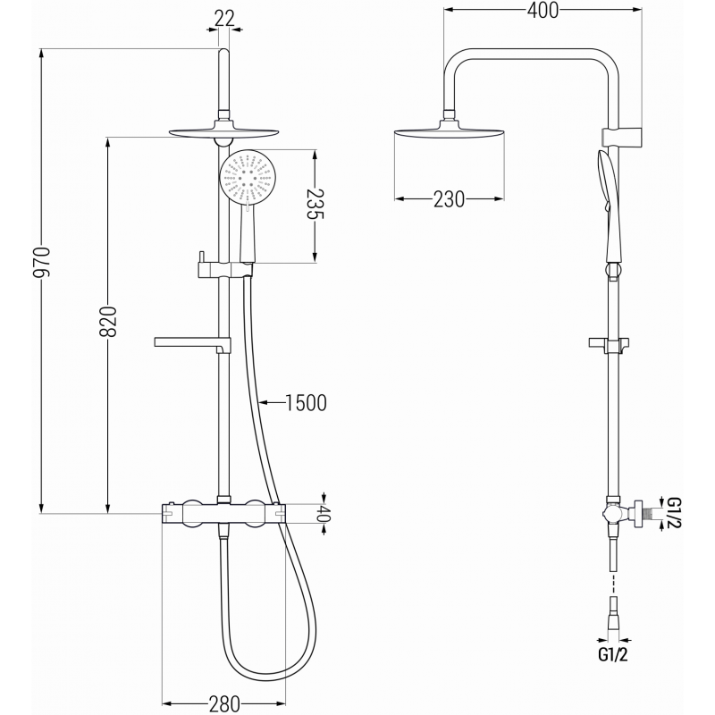 Mexen KX33 ensemble de douche en saillie avec pomme de douche et robinet thermostatique, noir - 771503391-70