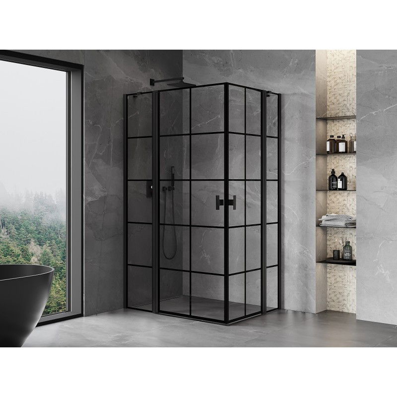 Mexen Mist Duo cabine de douche pivotante 75 x 70 cm, grille noire, noir - 8A4-075L-070P-70-77