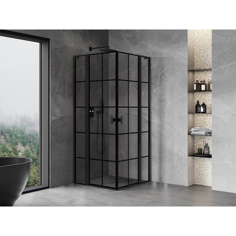 Mexen Mist L Duo cabine de douche pivotante 100 x 100 cm, grille noire, noir - 8A4L-100L-100P-70-77