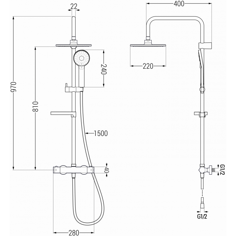 Mexen KX40 ensemble de douche apparent avec pomme haute et mitigeur thermostatique, graphite - 771504091-66