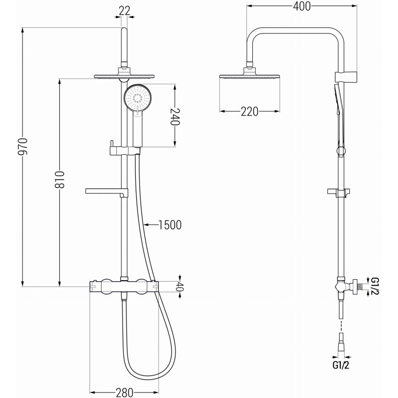 Mexen KX40 ensemble de douche en saillie avec pommeau de douche et mitigeur thermostatique, gris pistolet brossé - 771504091-66
