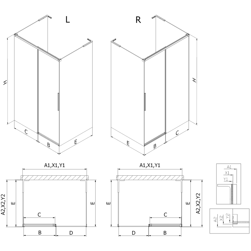 Mexen Rox-3S L cabine de douche 3 parois coulissante 95 x 70 cm, transparent, or brossé - 8C2L-095-070-55-00-3S