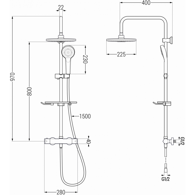 Mexen KT05 ensemble de douche en saillie avec pommeau de douche et robinet thermostatique, noir - 771500593-70