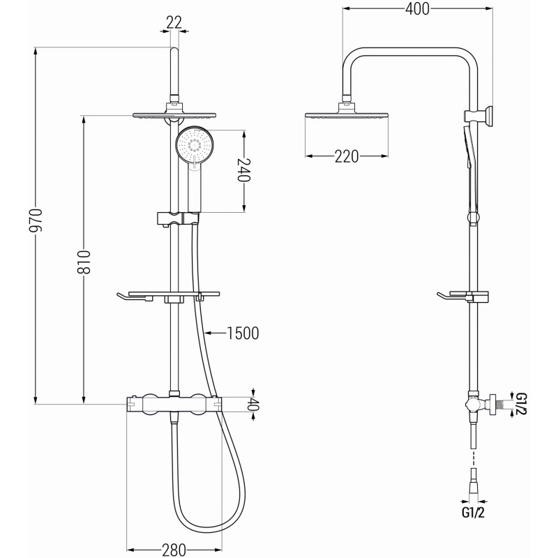 Mexen KT40 ensemble de douche en saillie avec pomme de douche et mitigeur thermostatique, gris fusil brossé - 771504093-66