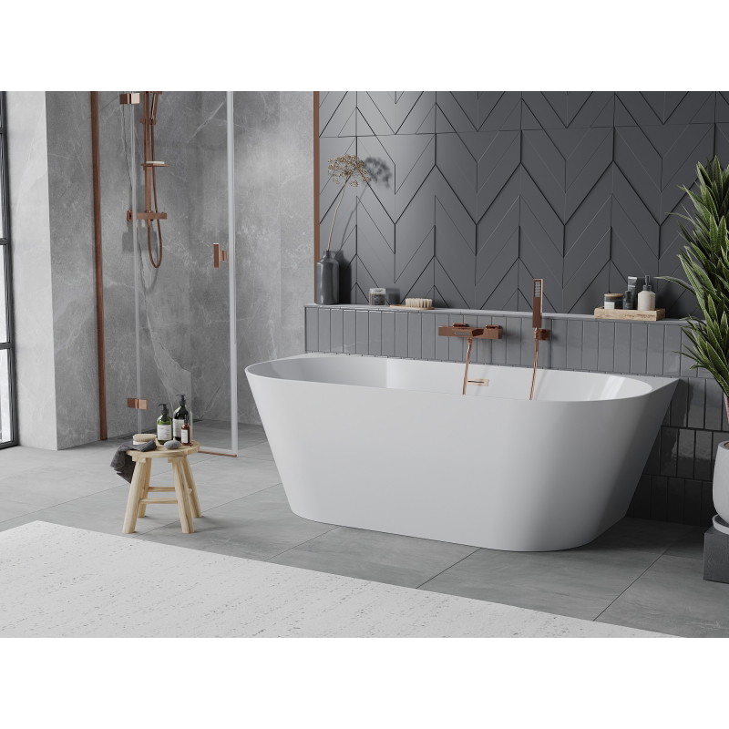 Mexen Oval Slim baignoire autoportante adossée 170 x 80 cm, blanche, trop-plein en cuivre brossé - 52661708000-65