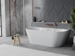 Mexen Oval Slim baignoire autoportante adossée 170 x 80 cm, blanche, trop-plein en cuivre brossé - 52661708000-65
