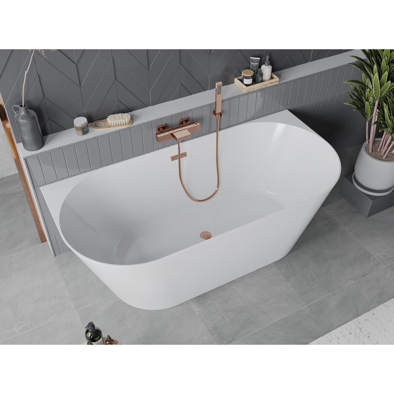 Mexen Oval Slim baignoire autoportante adossée 170 x 80 cm, blanche, trop-plein en cuivre brossé - 52661708000-65