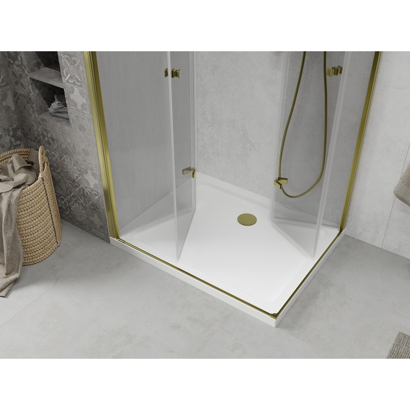 Mexen Lima Cabine de douche pliante Duo 90 x 80 cm, transparente, dorée + receveur plat - 856-090-080-50-02-4010G