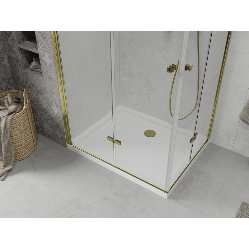 Mexen Lima Cabine de douche pliante Duo 90 x 80 cm, transparente, dorée + receveur plat - 856-090-080-50-02-4010G