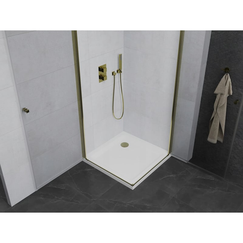 Mexen Pretoria Duo cabine de douche pivotante 70 x 70 cm, transparente, or + receveur plat - 852-070-070-50-02-4010G