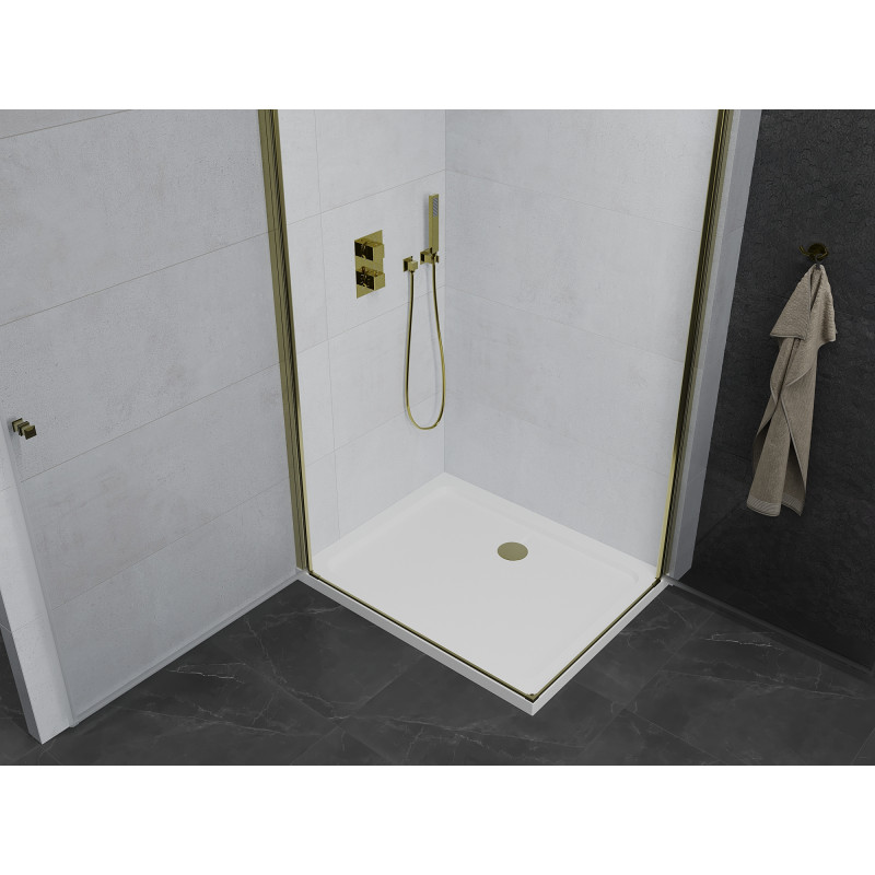 Mexen Pretoria Duo cabine de douche pivotante 80 x 70 cm, transparent, dorée + receveur Flat - 852-080-070-50-02-4010G